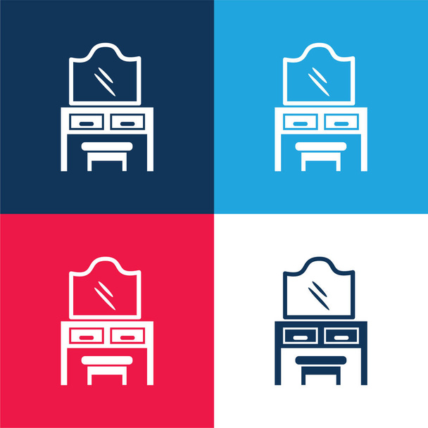 Lustro sypialni na szufladach z siedziskiem niebieski i czerwony zestaw czterech kolorów minimalny zestaw ikon - Wektor, obraz