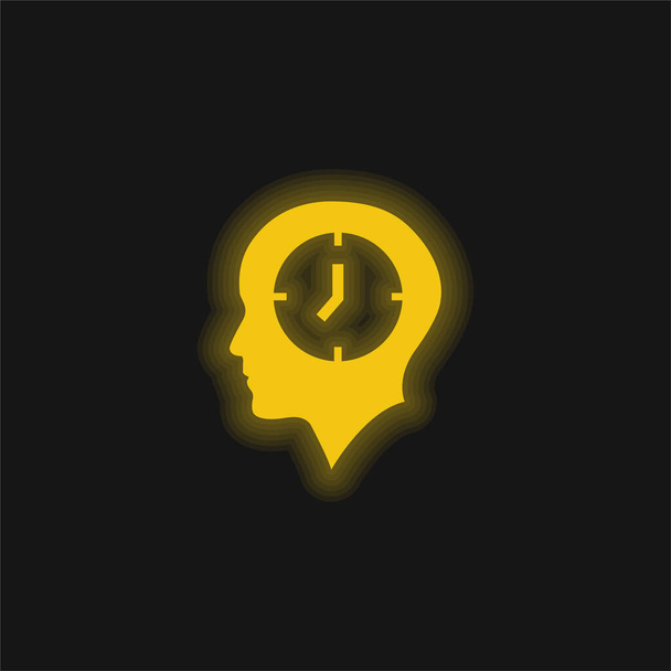 Łysa głowa z żółtym zegarem świecący neon ikona - Wektor, obraz