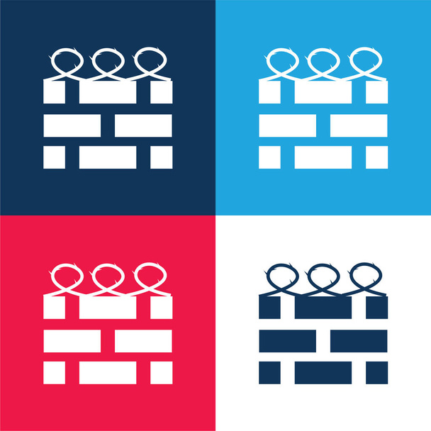 Brick Wall With Barbed Wire blue and red four color minimal icon set - Vector, Image