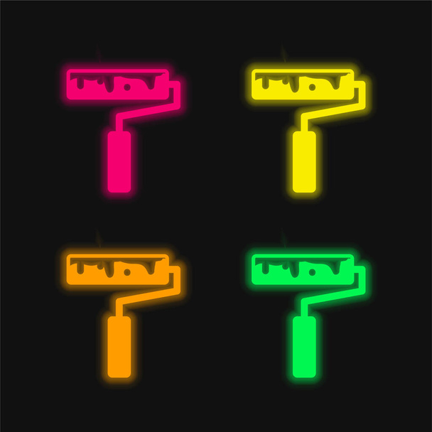 Art Painting Roller four color glowing neon vector icon - Vector, Image
