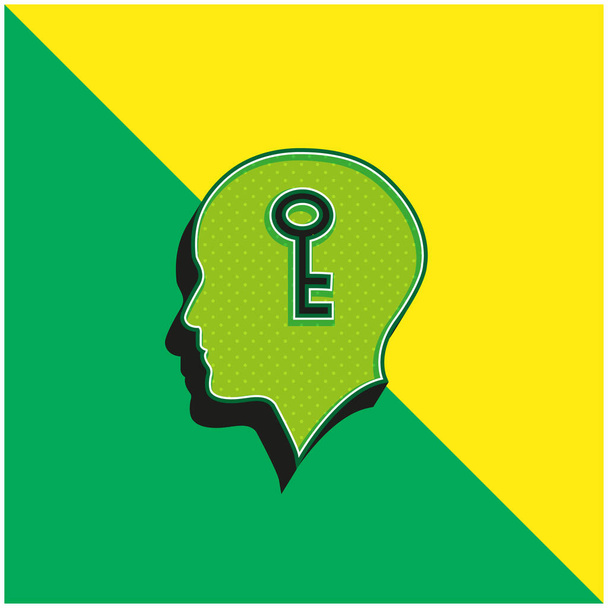 Φαλακρό κεφάλι με ένα κλειδί μέσα πράσινο και κίτρινο σύγχρονο λογότυπο 3d διάνυσμα εικονίδιο - Διάνυσμα, εικόνα