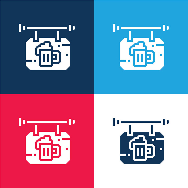 Cerveza azul y rojo conjunto de iconos mínimo de cuatro colores - Vector, Imagen