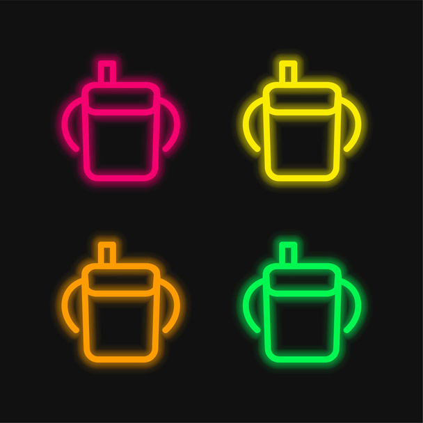 サイドハンドル付きベビー飲料ボトル概要4色の輝くネオンベクトルアイコン - ベクター画像