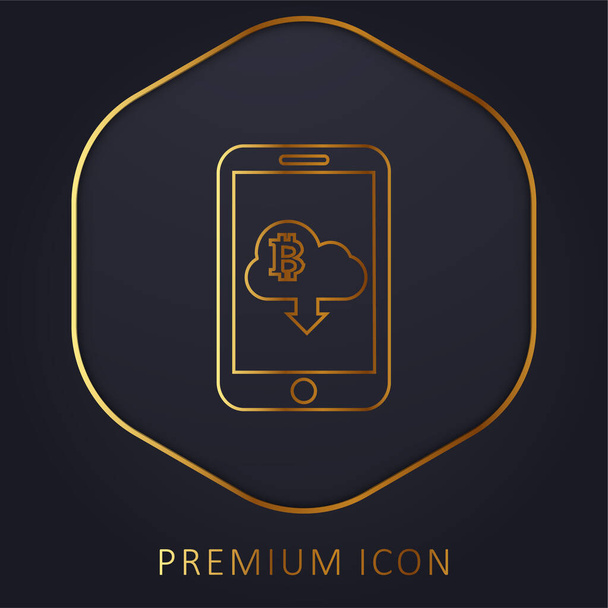 Bitcoin Sign On Cloud With Down Arrow Download Symbol On Cellphone Screen golden line premium logo or icon - Vector, Image