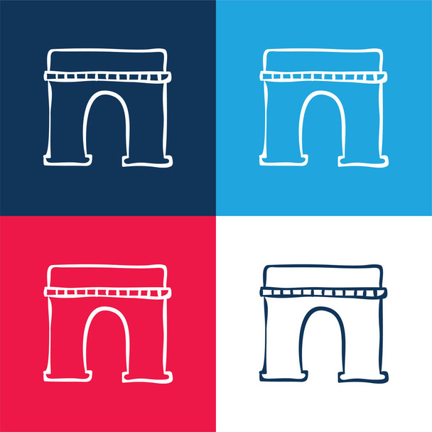 Arch Monumental Outlined Hand Drawn Κατασκευή μπλε και κόκκινο σύνολο τεσσάρων χρωμάτων minimal icon - Διάνυσμα, εικόνα
