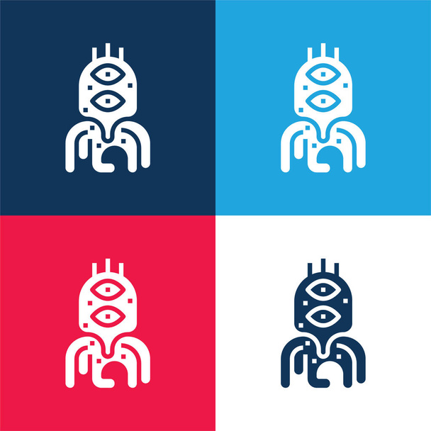 Alien niebieski i czerwony zestaw czterech kolorów minimalny zestaw ikon - Wektor, obraz