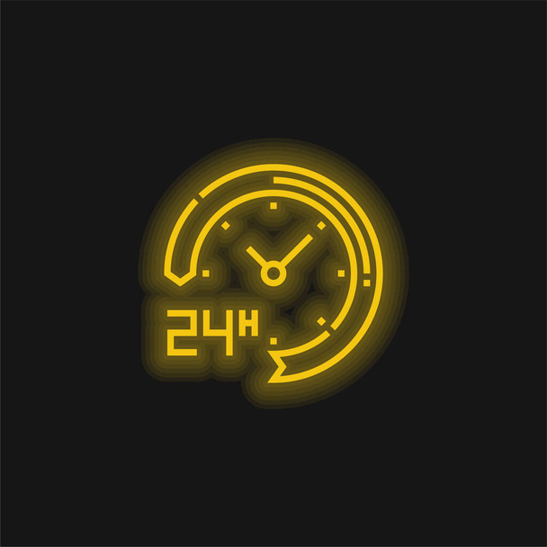 24 horas amarelo brilhante ícone de néon - Vetor, Imagem