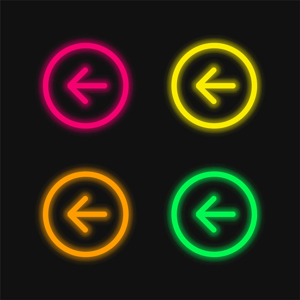 Vissza Bal nyíl kör alakú gomb vázlat négy szín izzó neon vektor ikon - Vektor, kép