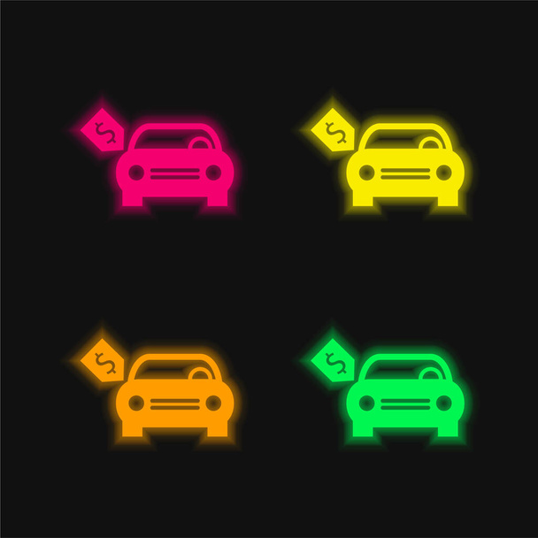 Brand New Car With Dollar Price Tag four color glowing neon vector icon - Vector, Image