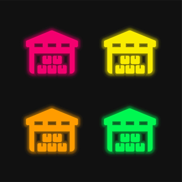 Boxes Piles Stored Inside A Garage For Delivery four color glowing neon vector icon - Vector, Image