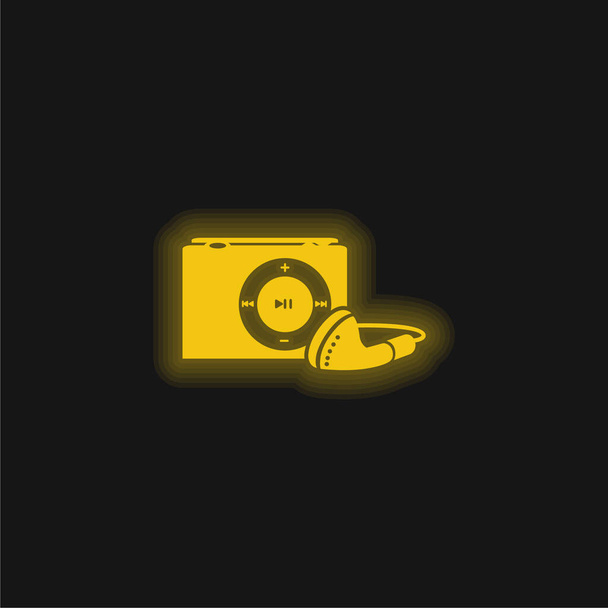 イヤフォン付きアップルiPodシャッフル黄色の輝くネオンアイコン - ベクター画像