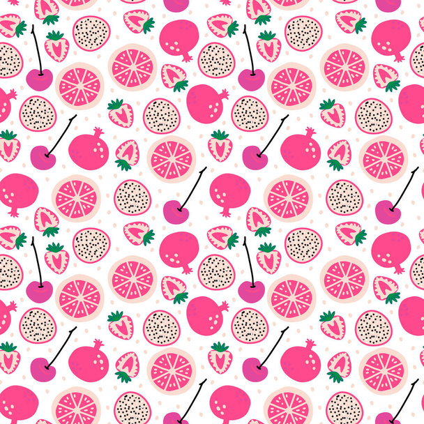 Patrón sin costuras con frutas: pitaya, cereza, fresas, pomelo, granada sobre fondo blanco. Lindo vector rosa. Ilustración brillante del verano para la tela y la decoración. - Vector, Imagen