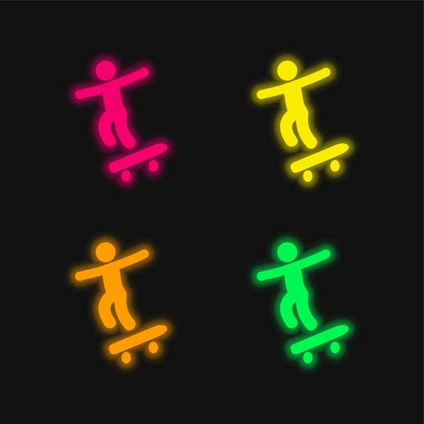 Niño con Skatingboard cuatro colores brillante icono de vectores de neón - Vector, Imagen