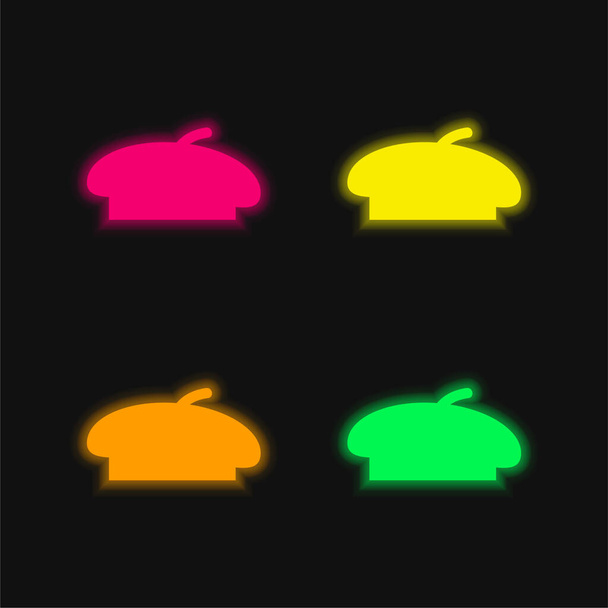 Beret Black Shape four color glowing neon vector icon - Vector, Image