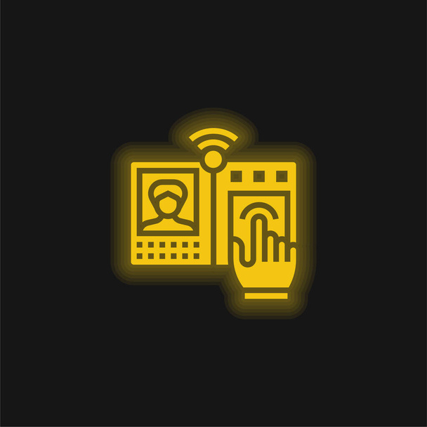 Биометрическое распознавание жёлтый светящийся неоновый значок - Вектор,изображение