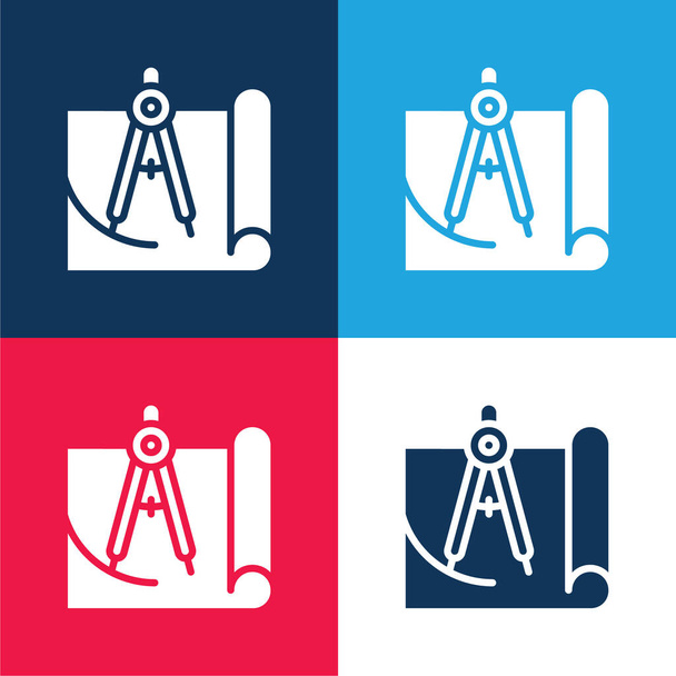 Blueprint niebieski i czerwony zestaw czterech kolorów minimalny zestaw ikon - Wektor, obraz