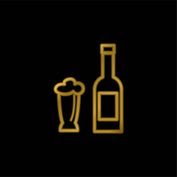 Botella de cerveza y vidrio chapado en oro icono metálico o logo vector - Vector, Imagen
