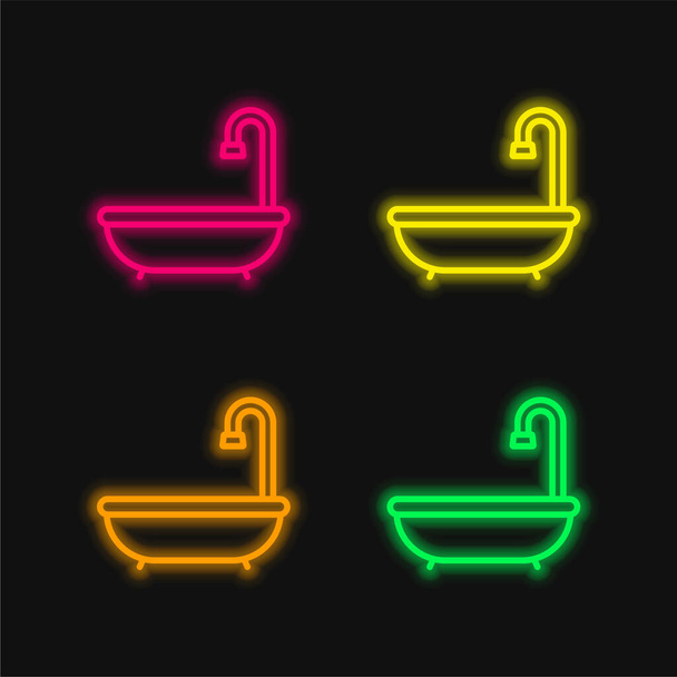 Vasca da bagno quattro colori luminosi icona vettoriale al neon - Vettoriali, immagini