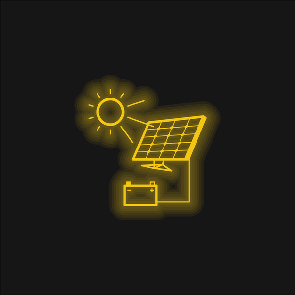 Carica batteria con pannello solare giallo icona al neon incandescente - Vettoriali, immagini