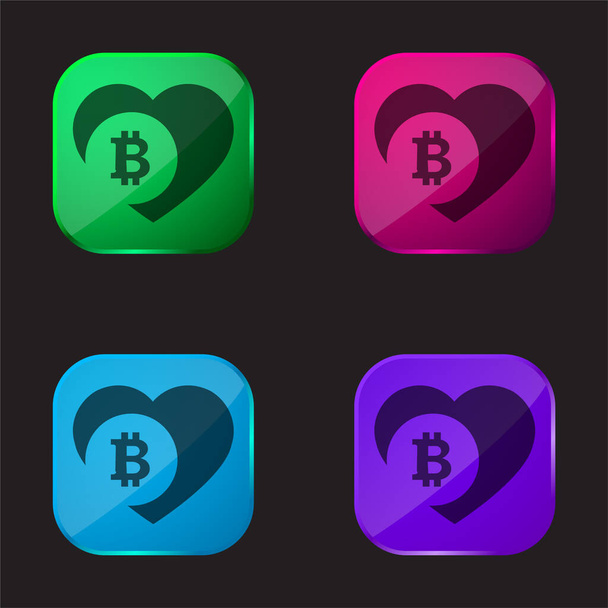 Bitcoin Love Heart icono de botón de cristal de cuatro colores - Vector, Imagen