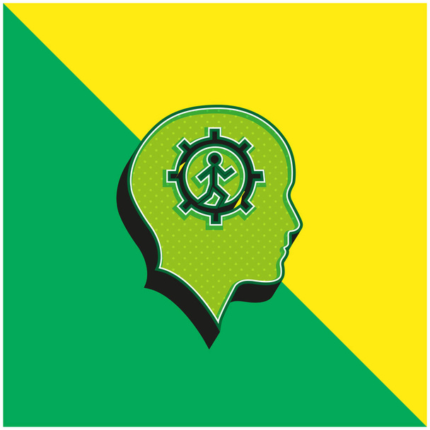 Лысая голова с шестеренкой и бегущий человек внутри зеленый и желтый современный 3D логотип векторной иконки - Вектор,изображение