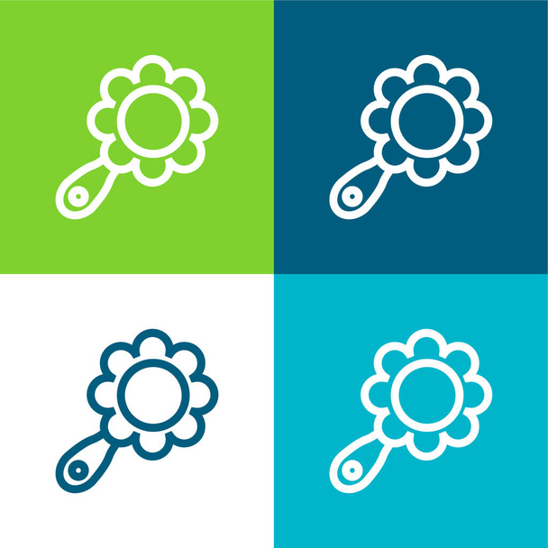 Baby rammelaar van bloem vorm platte vier kleuren minimale pictogram set - Vector, afbeelding