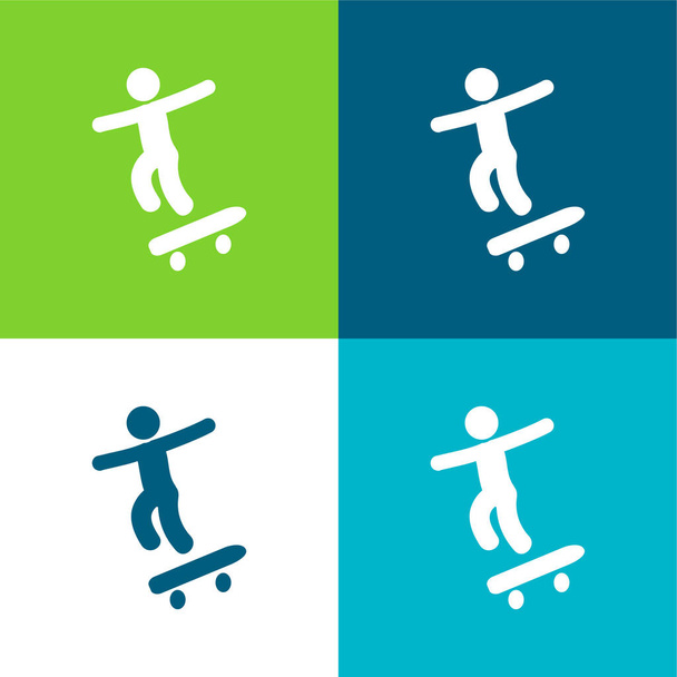 Boy With Skatingboard Flat four color minimal icon set - Vector, Image