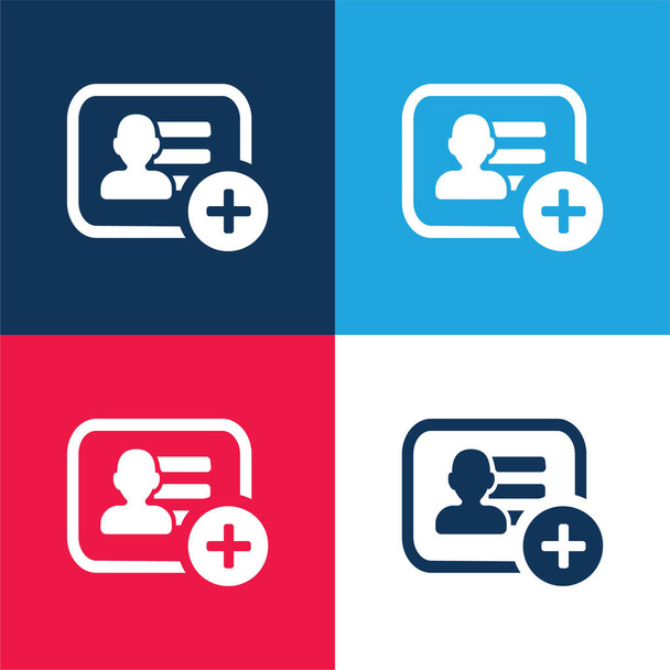 Añadir Símbolo de tarjeta de visita azul y rojo conjunto de iconos mínimo de cuatro colores - Vector, imagen