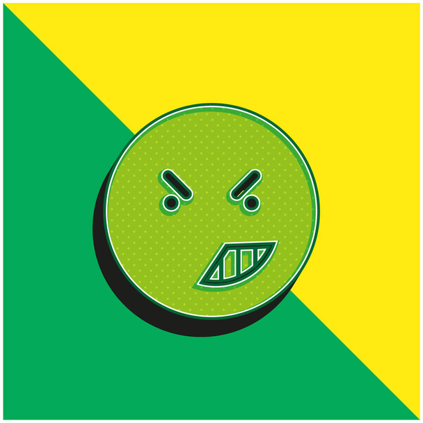 Colère sur le visage émoticône de contour carré arrondi logo icône vectorielle 3d moderne vert et jaune - Vecteur, image