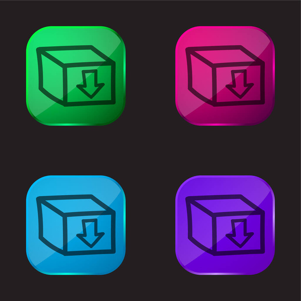 Boîte avec un signe fléché pointant vers le bas Symbole dessiné à la main icône de bouton en verre de quatre couleurs - Vecteur, image