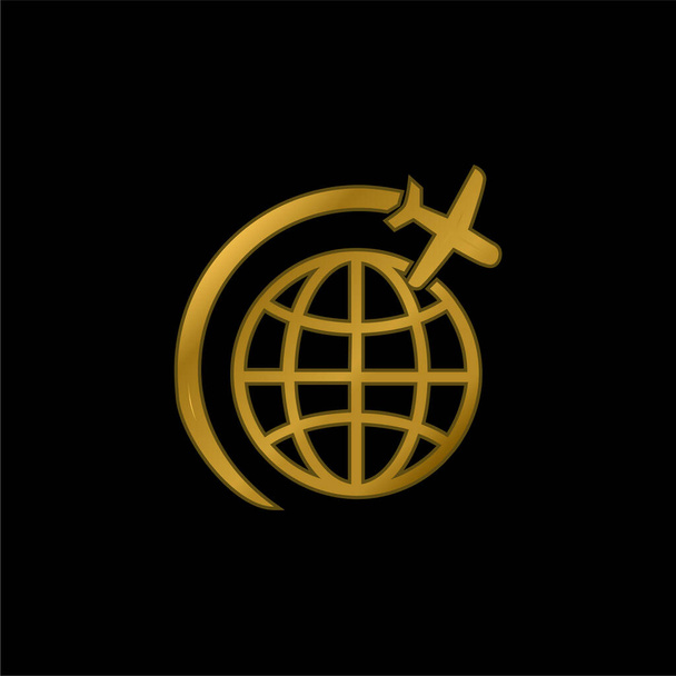 Lot samolotem w okręgu wokół Ziemi złocona metaliczna ikona lub wektor logo - Wektor, obraz