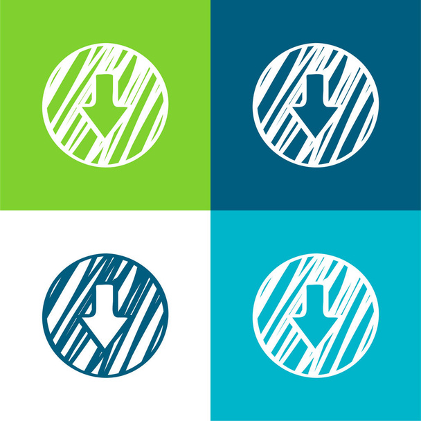 Flecha hacia abajo Esquema Círculo dibujado Plano conjunto de iconos mínimo de cuatro colores - Vector, imagen