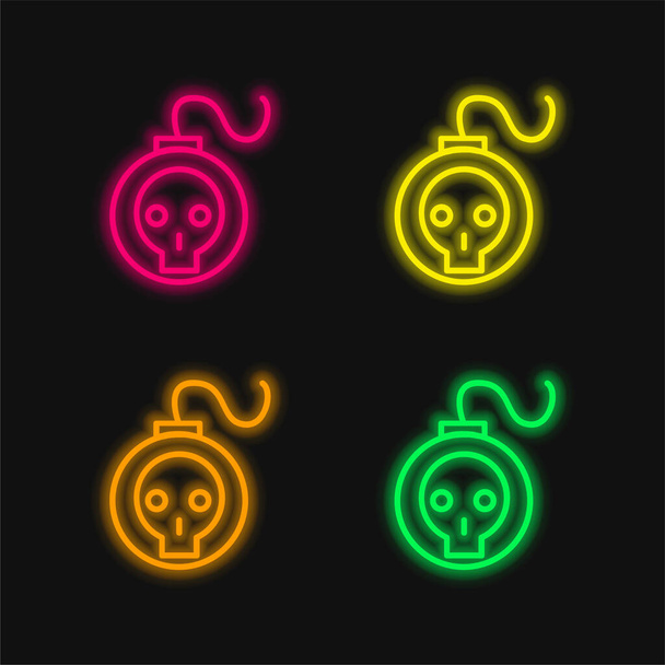 Bomb With Skull Outline four color glowing neon vector icon - Vector, Image