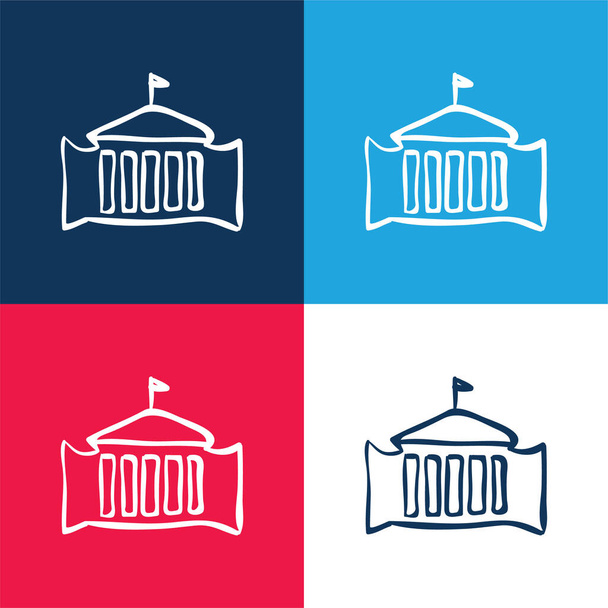 Edificio administrativo con bandera Dibujado a mano Esquema azul y rojo conjunto de iconos mínimo de cuatro colores - Vector, Imagen