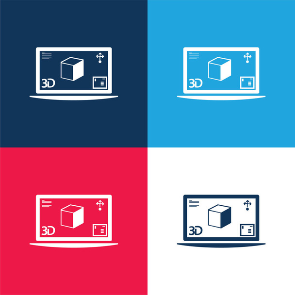 3d Print Image On Monitor blue and red four color minimal icon set - Vector, Image