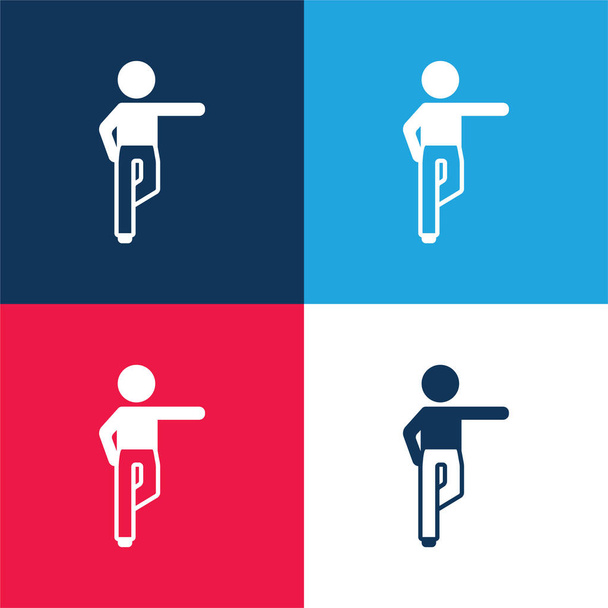 Garçon debout sur la jambe droite étirement bras gauche bleu et rouge ensemble d'icône minimale de quatre couleurs - Vecteur, image