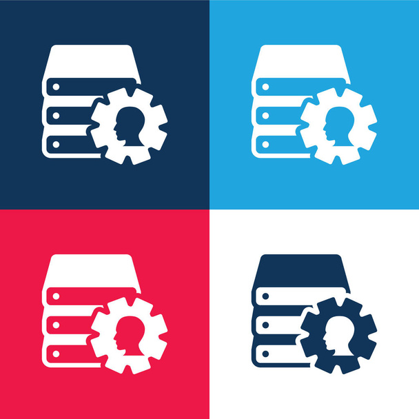 Pila de libros con Cogwheel y Male Side View Image azul y rojo conjunto de iconos mínimos de cuatro colores - Vector, Imagen
