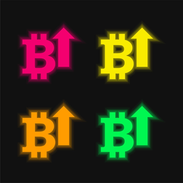 上矢印4色の輝くネオンベクトルのアイコンを持つビットコイン - ベクター画像
