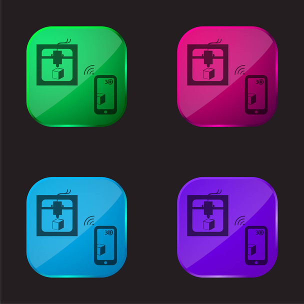 3d Drukarka podłączona do tabletu za pomocą bezprzewodowego sygnału cztery kolorowe szklane przyciski ikona - Wektor, obraz