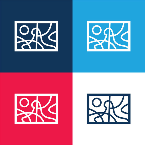 Pintura abstracta Paisaje azul y rojo conjunto de iconos mínimo de cuatro colores - Vector, imagen