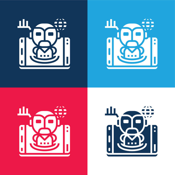 Inteligencia artificial azul y rojo conjunto de iconos mínimo de cuatro colores - Vector, Imagen