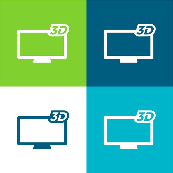 3Dテレビフラット4色最小アイコンセット - ベクター画像