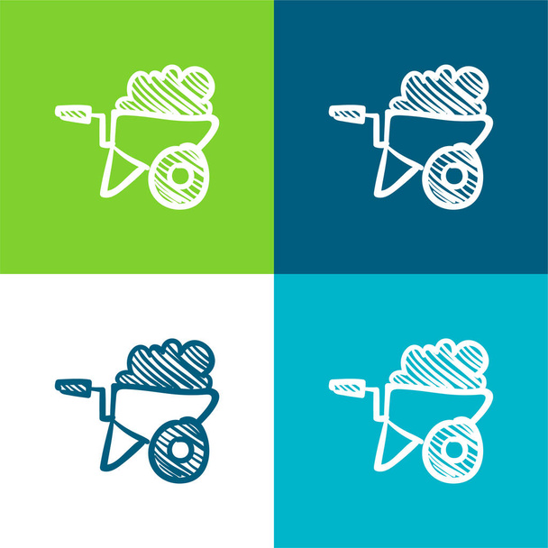 Barrow Full Of Construction Material Hand Drawn Tool Flat four color minimal icon set - Vector, Image