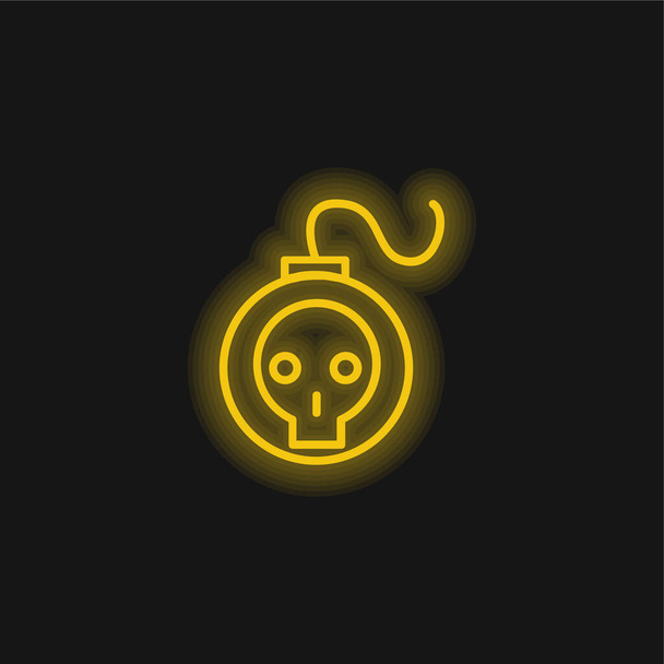 Bomba com Skull Esboço amarelo brilhante ícone de néon - Vetor, Imagem