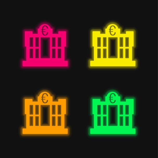 Bank Building Of Euros four color glowing neon vector icon - Vector, Image