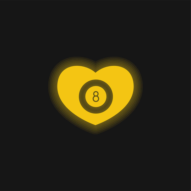 Biljart Hart Met Acht Bal Binnen geel gloeiend neon pictogram - Vector, afbeelding