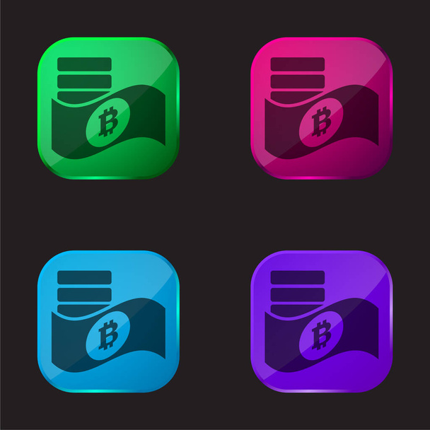 Bitcoin Symbool op papier en munten vier kleuren glazen knop pictogram - Vector, afbeelding