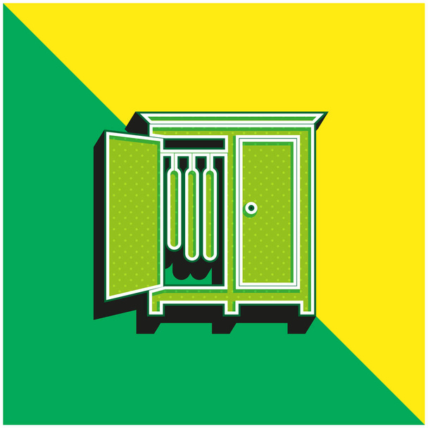 Κρεβατοκάμαρα Ντουλάπα με ανοιγμένη πόρτα της πλευράς για να κρεμάσει τα ρούχα Πράσινο και κίτρινο σύγχρονο 3d διάνυσμα λογότυπο εικονίδιο - Διάνυσμα, εικόνα