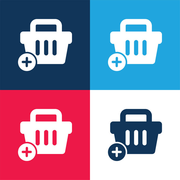 In winkelwagen E Commerce Knop blauw en rood vier kleuren minimale pictogram set - Vector, afbeelding