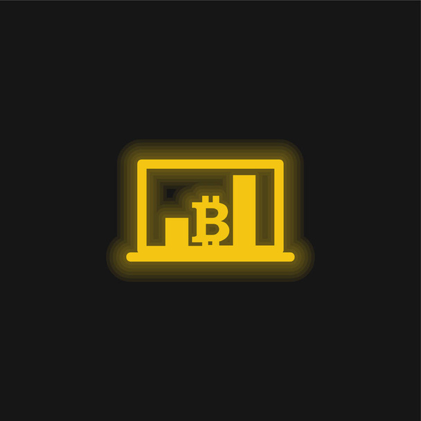Barres Bitcoin graphique sur écran d'ordinateur portable jaune brillant icône néon - Vecteur, image